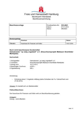 Antrag auf die Bewilligung von Sondermittel an das Bezirksamt Hamburg Wandsbek für die Beschaffung eines Maibaums.