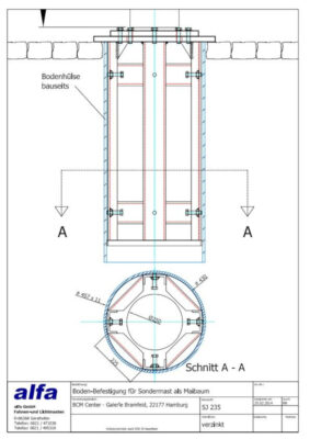 Technische Zeichnung für die Bodenbefestigung für den Sondermast als Maibaum. Entwurf der alfa GmbH