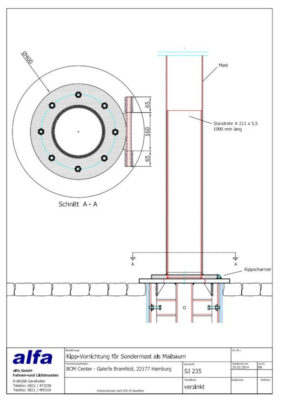 Technische Zeichnung der Kippvorrichtung für den Sondermast als Maibaum. Entwurf der alfa GmbH