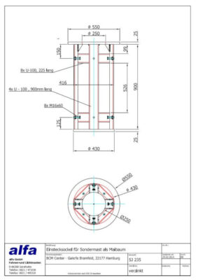 Technische Zeichnung für den Einstecksockel für den Sondermast als Maibaum. Entwurf der alfa GmbH